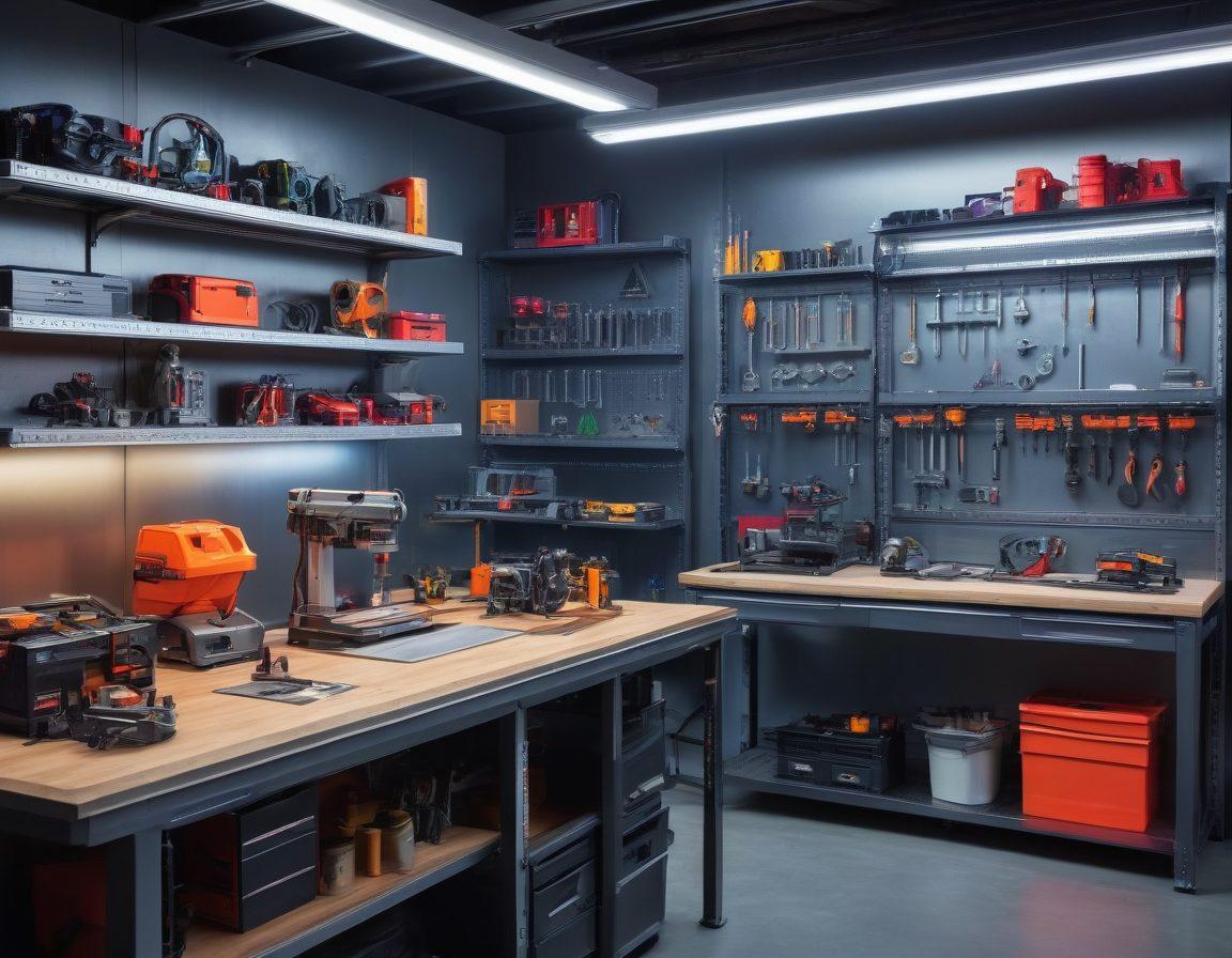 A modern workshop filled with sleek, state-of-the-art tools and machinery; including a high-tech 3D printer, versatile power drills, precision laser cutters and a sophisticated CNC machine, all neatly organized on metallic shelves and workbenches with LED lighting. A craftsman in safety gear can be seen using one of the tools, highlighting its efficiency. super-realistic. vibrant colors. dynamic lighting.
