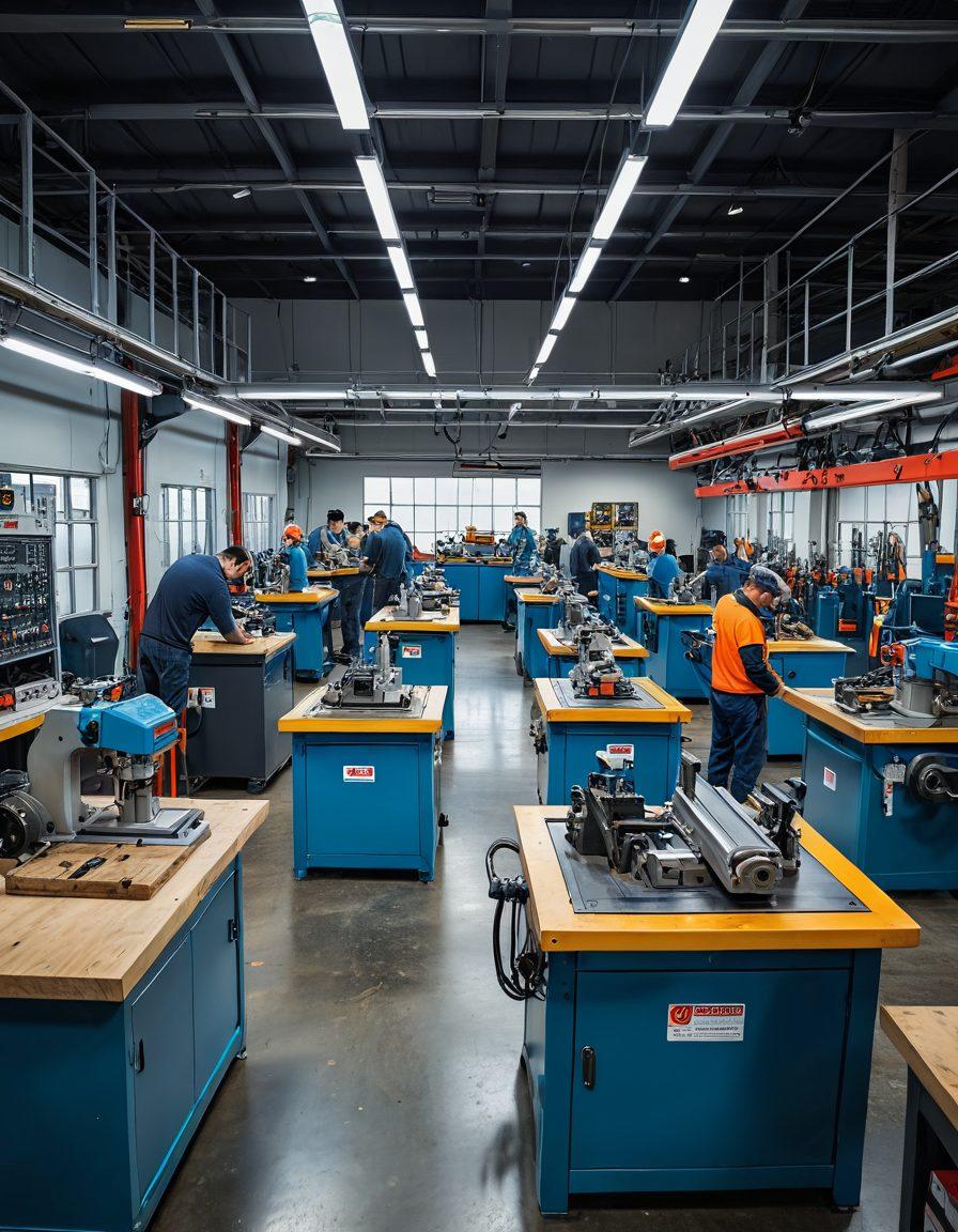 A vibrant, busy workshop filled with a variety of tools ranging from simple hand tools like hammers and wrenches to advanced heavy machinery like CNC machines and industrial drills. Workers are seen using both traditional and modern equipment, emphasizing the progression from manual labor to high-tech engineering. Background is a well-organized space with visible sections for different types of tools and machinery. super-realistic. vibrant colors. 3D.
