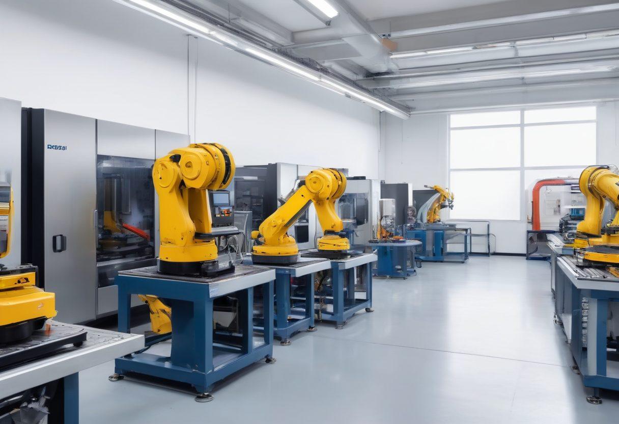A modern workshop bustling with advanced industrial machinery; show various high-tech equipment like CNC machines, robotic arms, and laser cutters. Include a few engineers in safety gear operating the machinery with precision. Highlight the stainless steel and rugged build of the machines in a clean and organized environment. super-realistic. vibrant colors. white background.